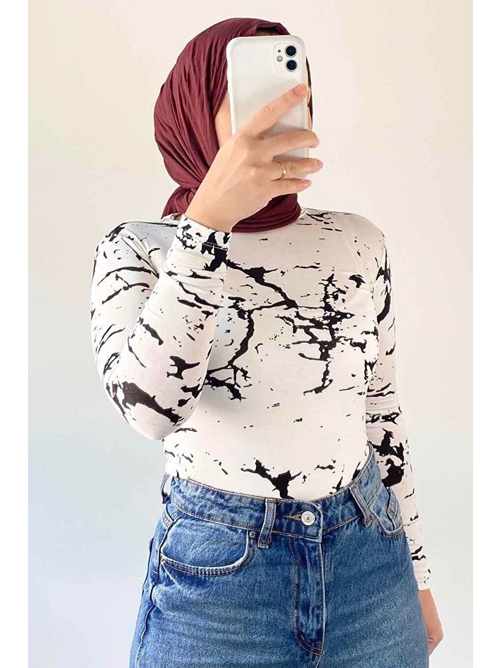 Bisiklet Yaka Mermer Desenli Body Beyaz-2