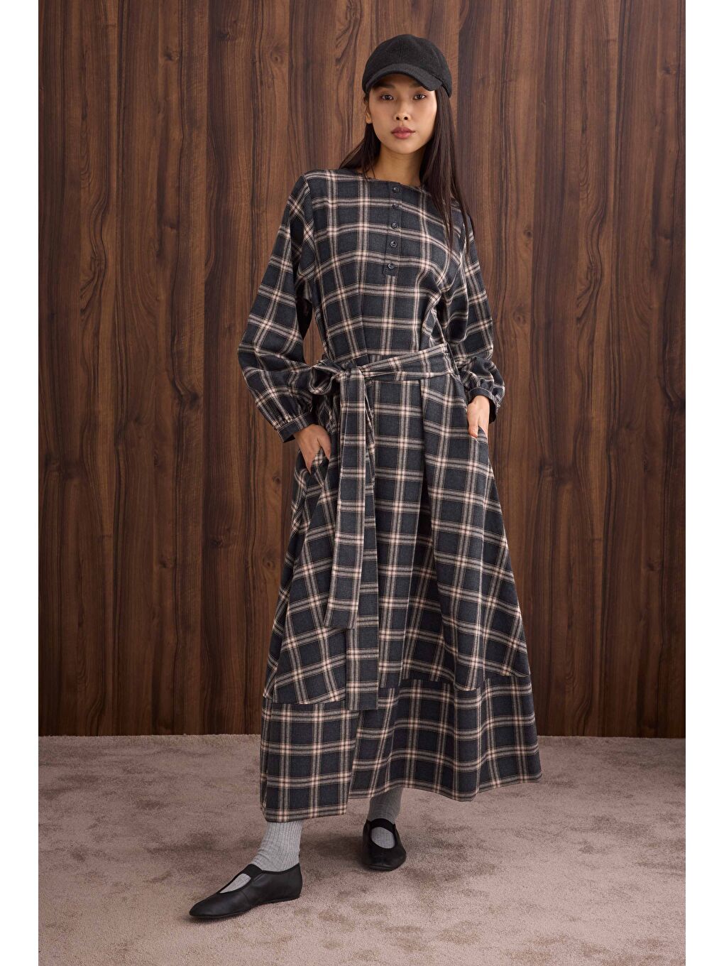 Volanlı Ekose Elbise Antrasit-3