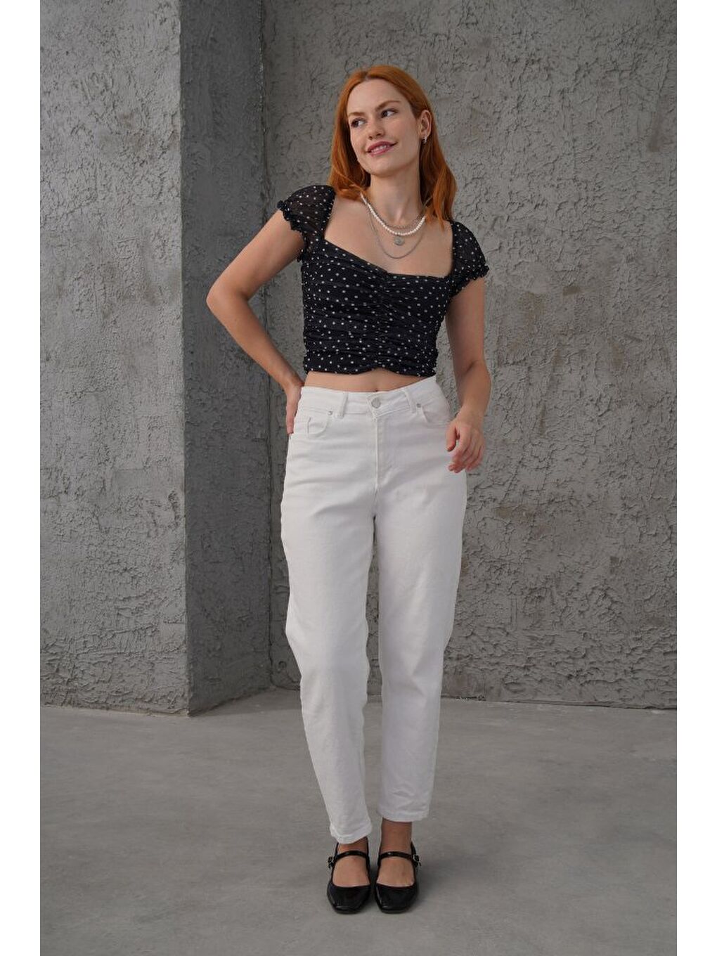 Puantiyeli Belden Oturtmalı Tül Siyah Bluz-3