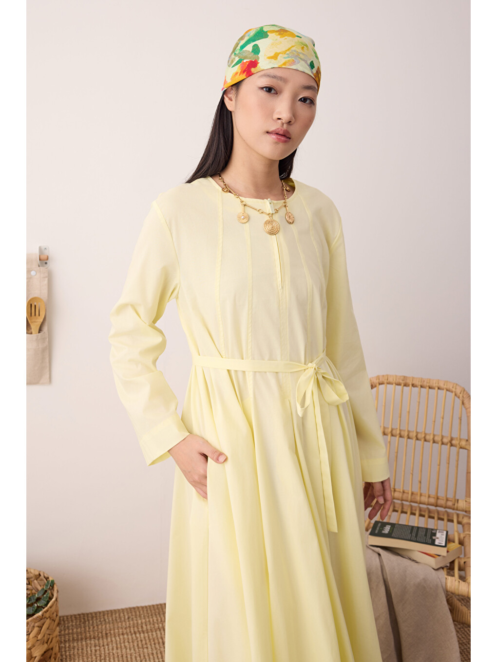 Çok Pileli Elbise Soft Sarı-4