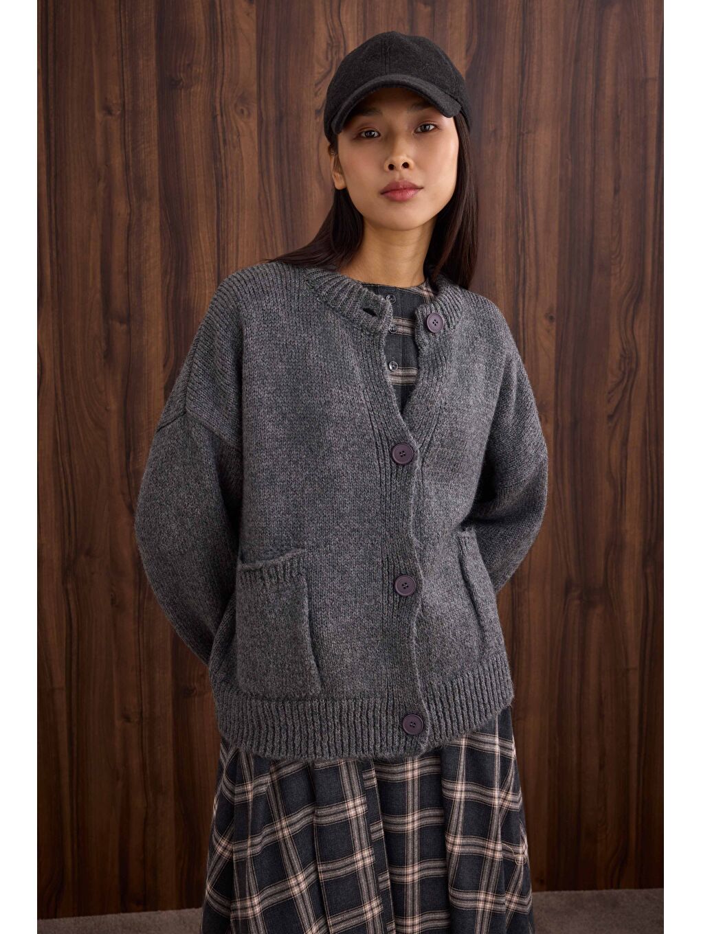 Volanlı Ekose Elbise Antrasit-4