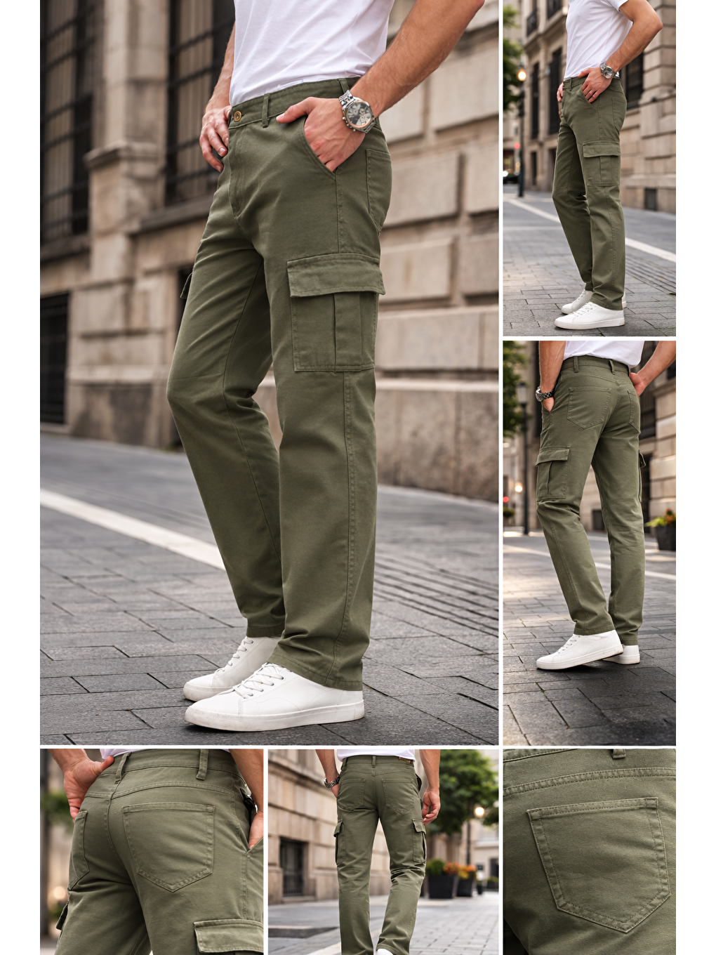 Erkek Kargo Cepli Pamuklu Haki Baggy Pantolon-1