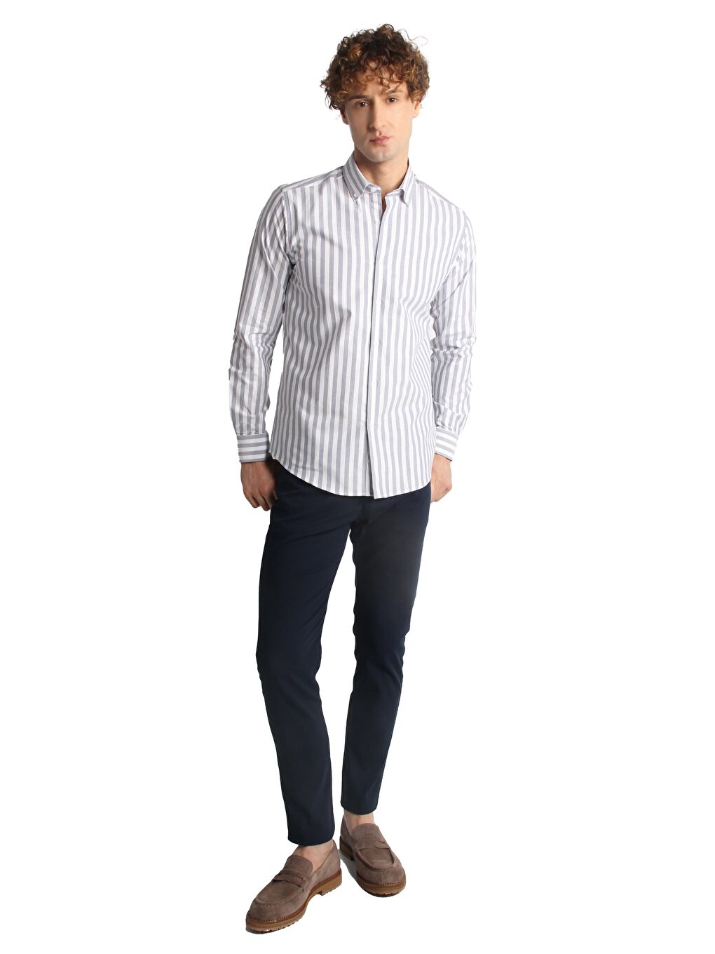 Lacivert Dynamic Fit Düğmeli Yaka Çizgili Uzun Kollu Cepsiz %100 Pamuk Gömlek-2