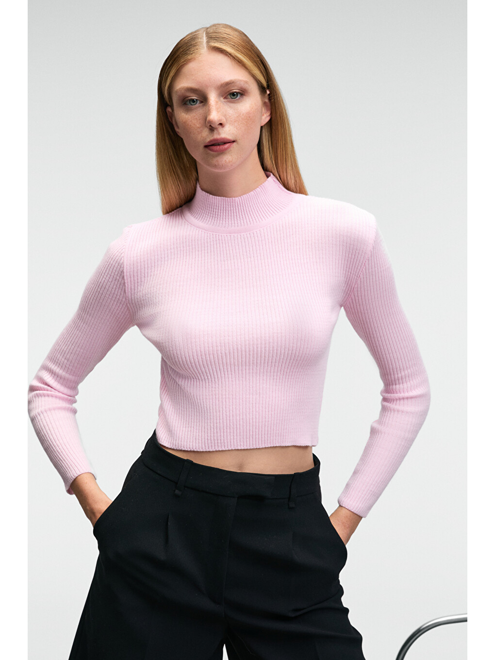 Calıda Kadın Dik Yaka Fitilli Görünümlü Slim Fit Triko Pembe Kazak
