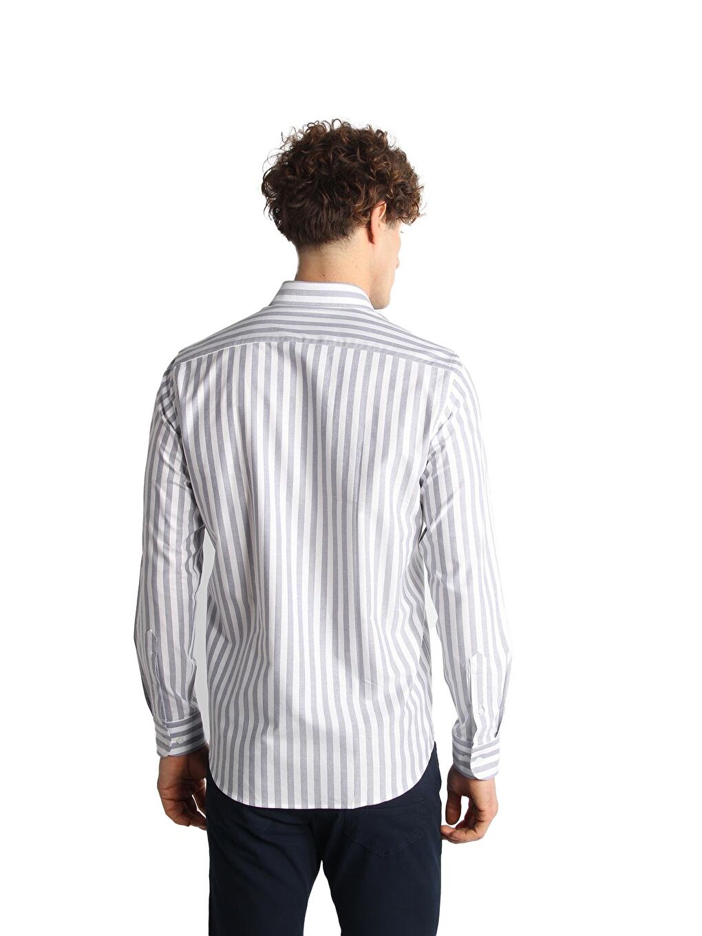 Lacivert Dynamic Fit Düğmeli Yaka Çizgili Uzun Kollu Cepsiz %100 Pamuk Gömlek-3