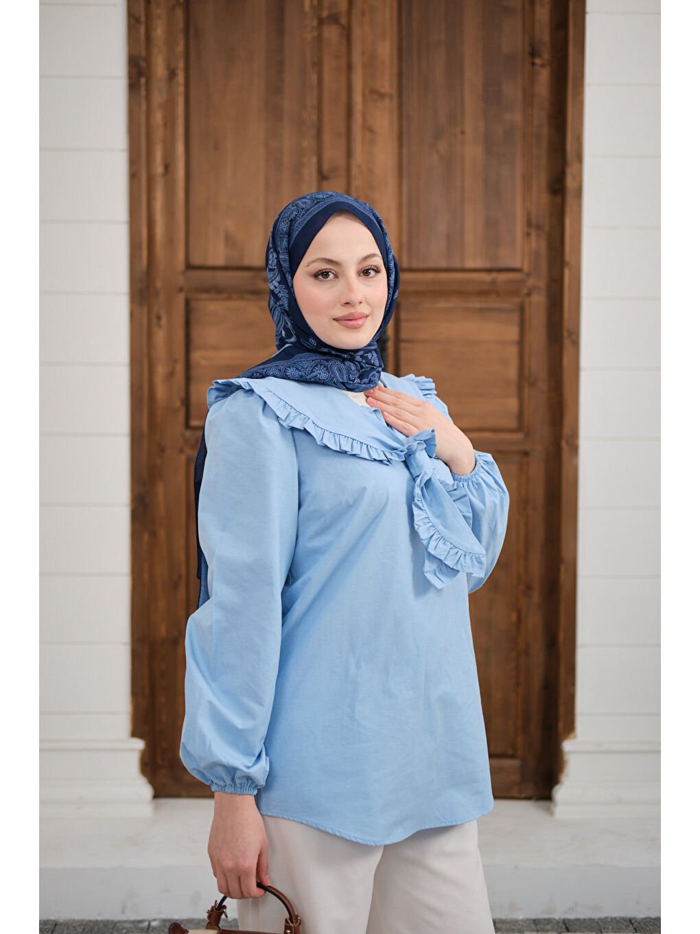 Kadın Yakası Fırfırlı Basic Gömlek Bebe Mavi-2