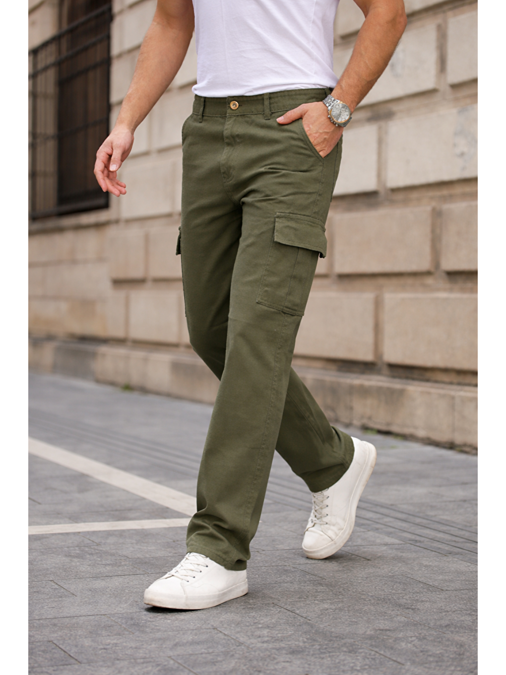 Erkek Kargo Cepli Pamuklu Haki Baggy Pantolon-2