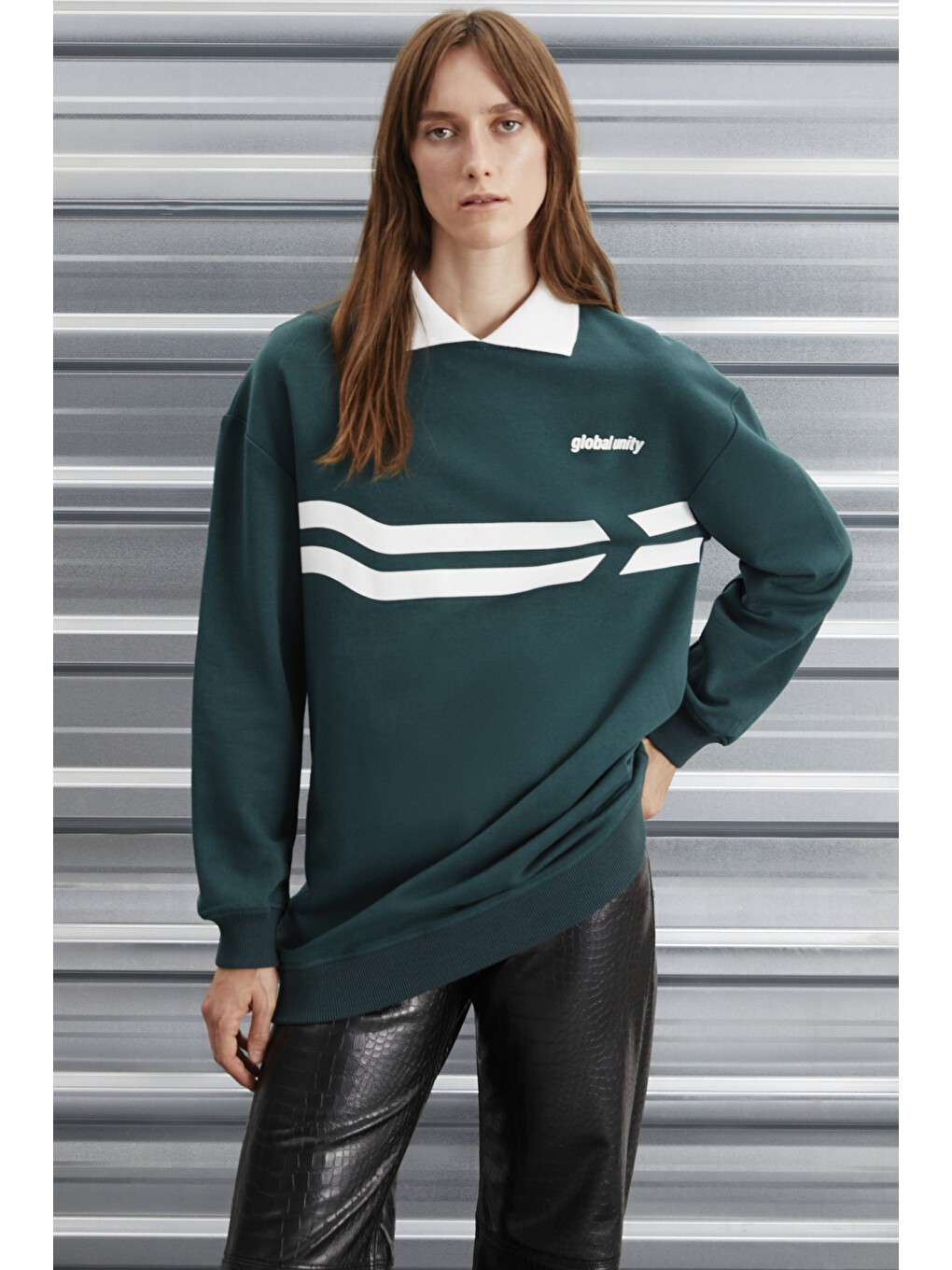 Arlene Kadın Içi Polarsız Polo Yaka Parça Baskı Detaylı Yeşil Sweatshirt-1