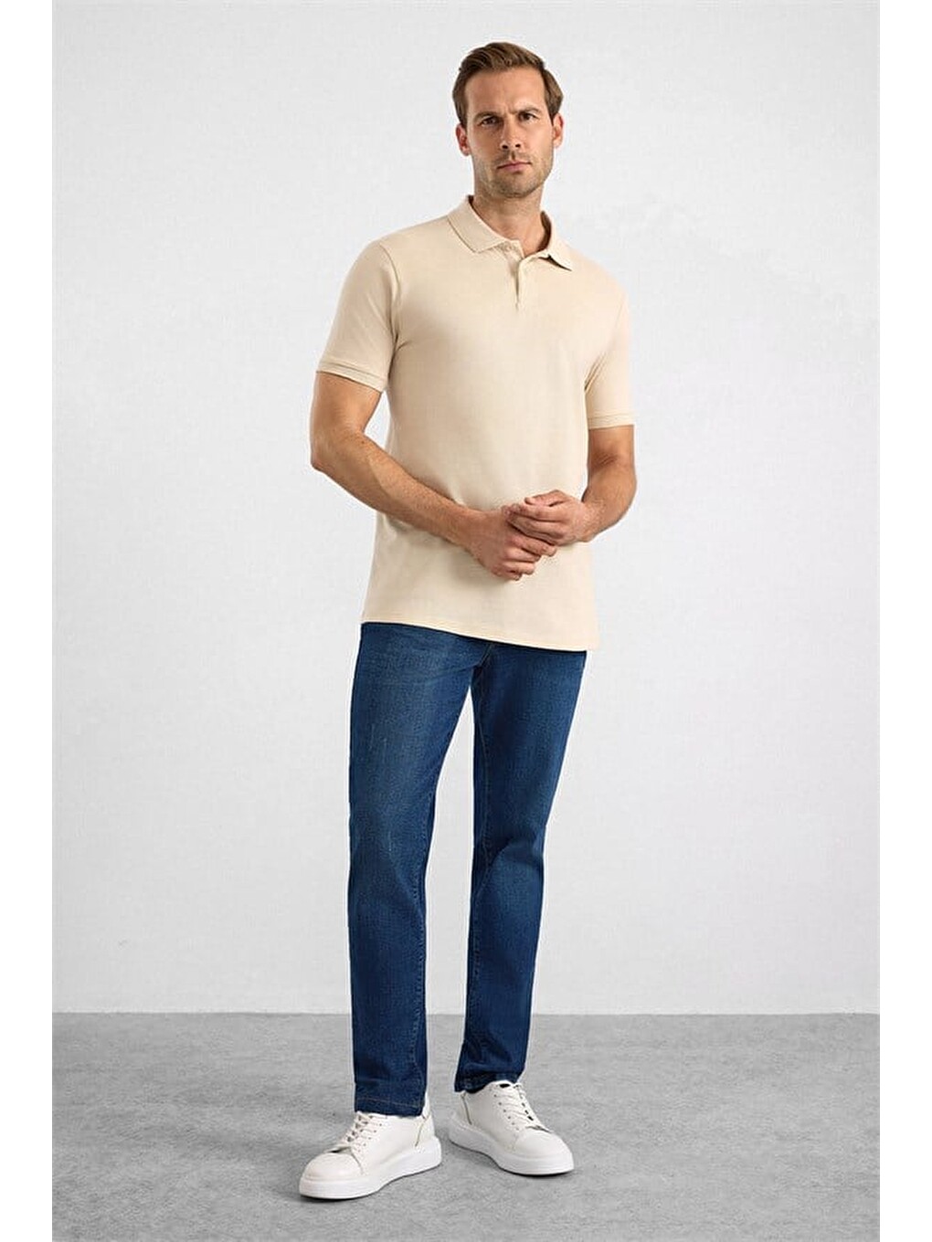 Bej Slim Düz Nakışlı Pike Düğmeli Polo Yaka Tişört-3