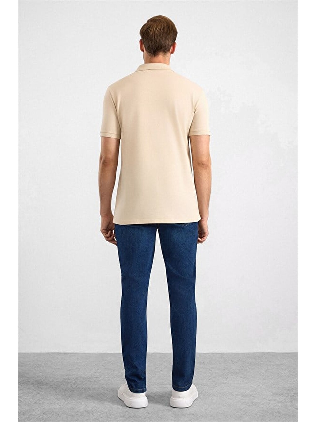 Bej Slim Düz Nakışlı Pike Düğmeli Polo Yaka Tişört-4