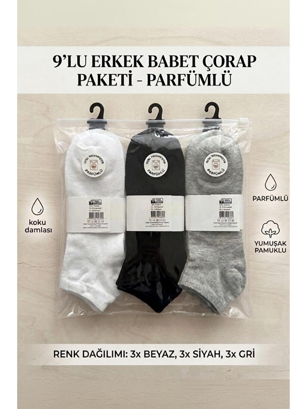 Karışık Özel Kokulu Yumuşak Pamuklu 9'lu Erkek Babet Çorap Seti (3 Siyah + 3 Beyaz + 3 Gri)-1