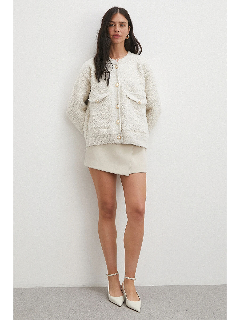 Cepli Düğmeli Simli Hırka Ekru-1