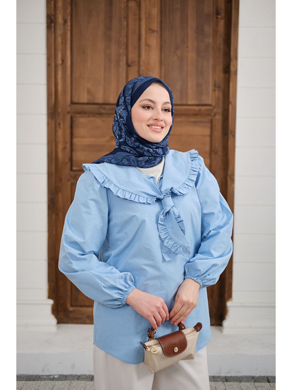 Kadın Yakası Fırfırlı Basic Gömlek Bebe Mavi-3