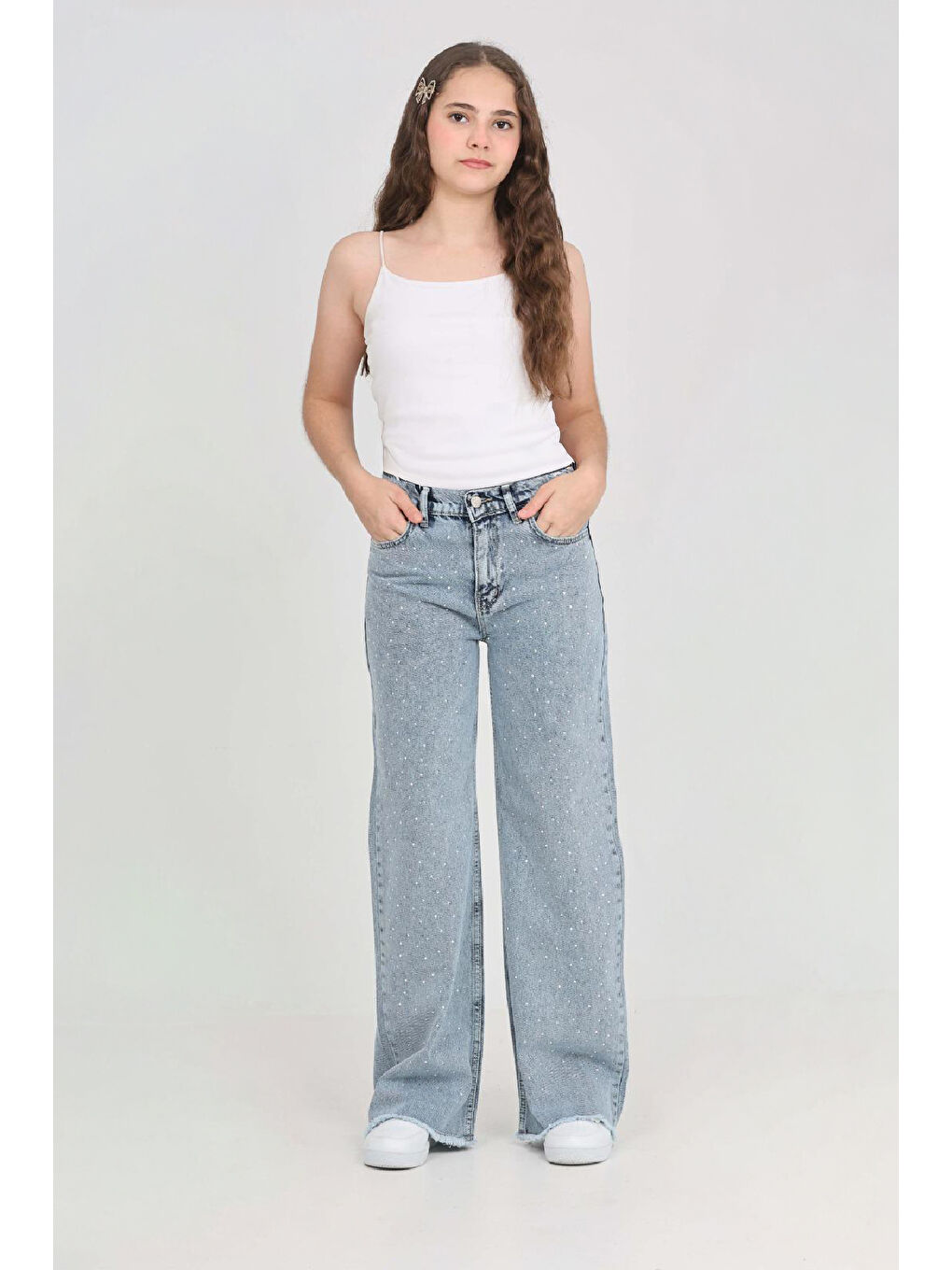 Mavi Kız Çocuk Destroy Paçalı-Geniş Kesim Jean Pantolon 5-15 Yaş 12488-1