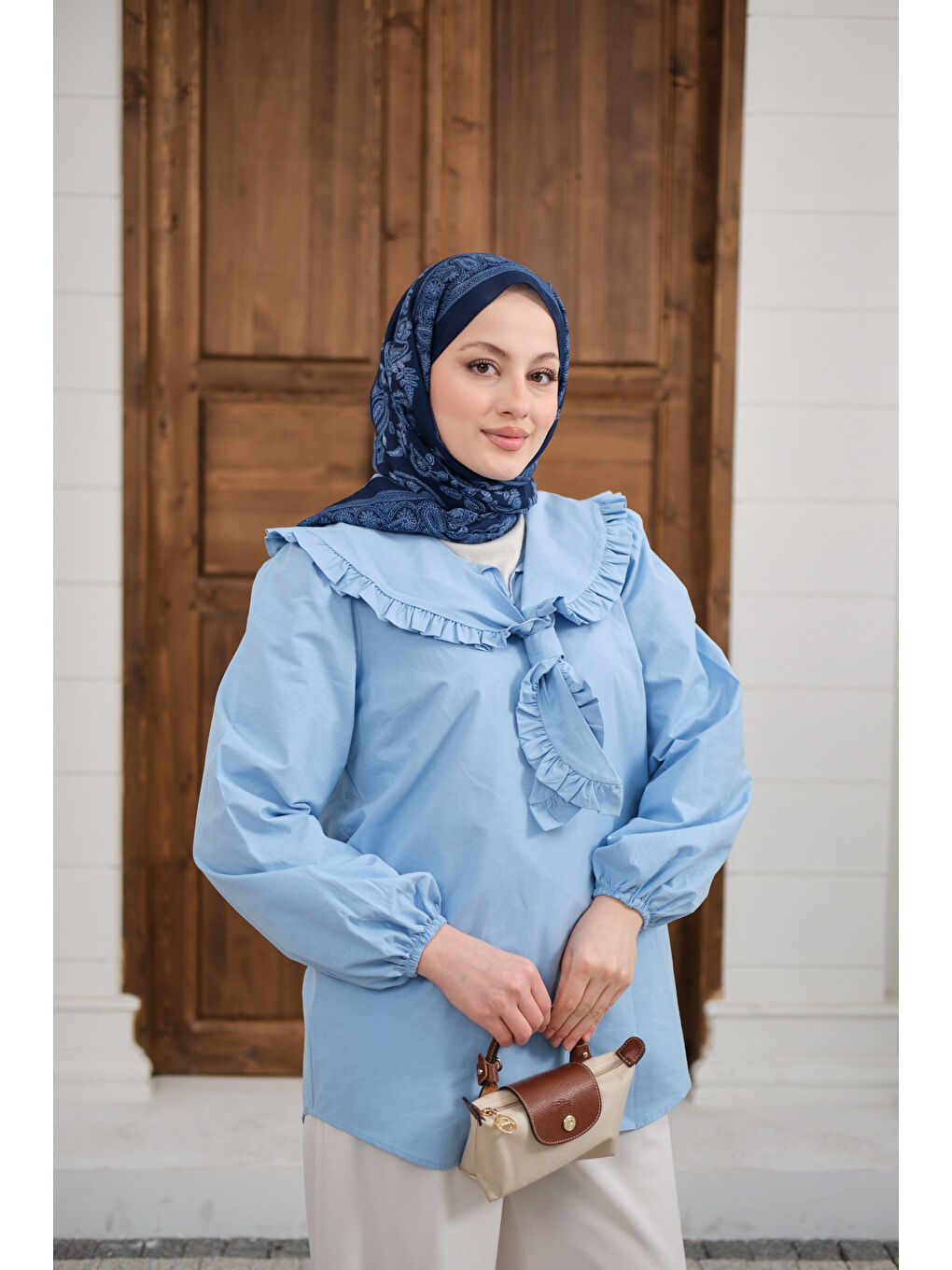 Kadın Yakası Fırfırlı Basic Gömlek Bebe Mavi-4