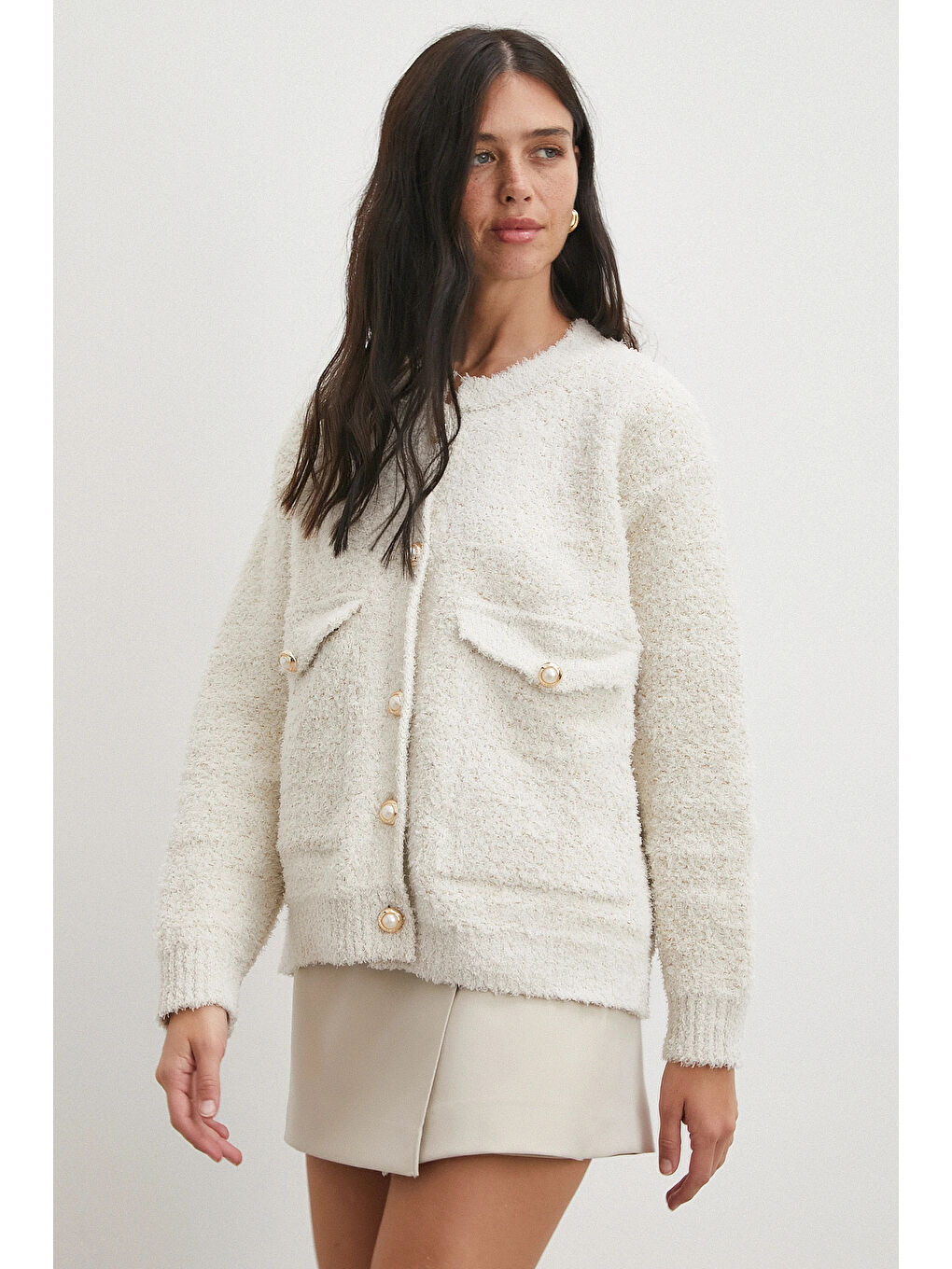 Cepli Düğmeli Simli Hırka Ekru-2