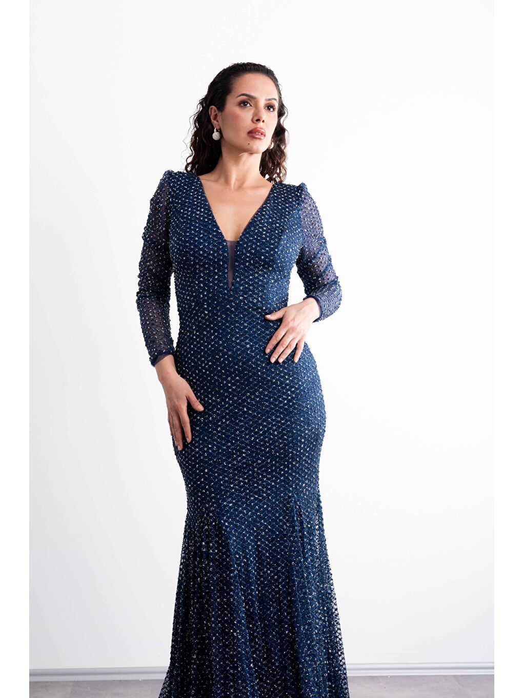 Lacivert Transparan Kollu,V Yaka,Taş Baskılı, Balık Model, Kuyruklu ,Şık Abiye-3