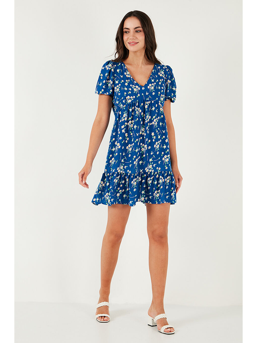 Mavi Regular Fit V Yaka Balon Kol Desenli Mini Kadın Elbise 67810045-2