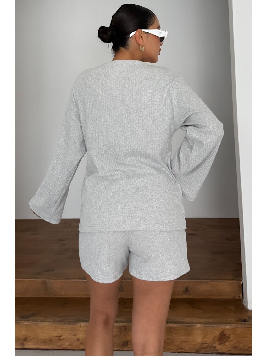 Kadın Gri Önü Bağlama Detaylı Alt-Üst Şortlu İnterlok Takım-6