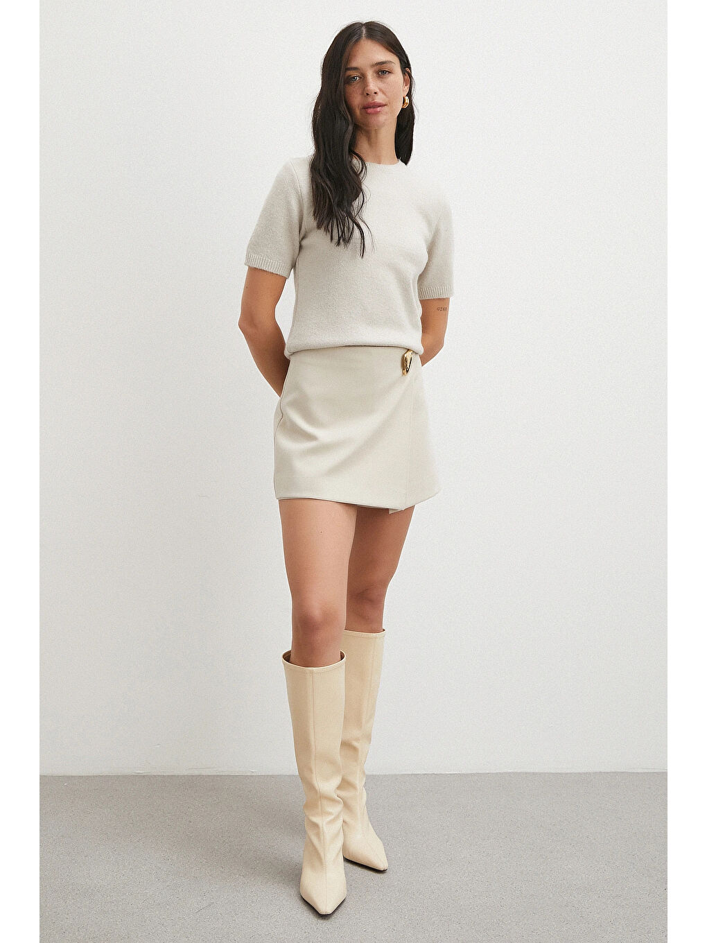 Simli Kısa Kol Kazak Bej-1