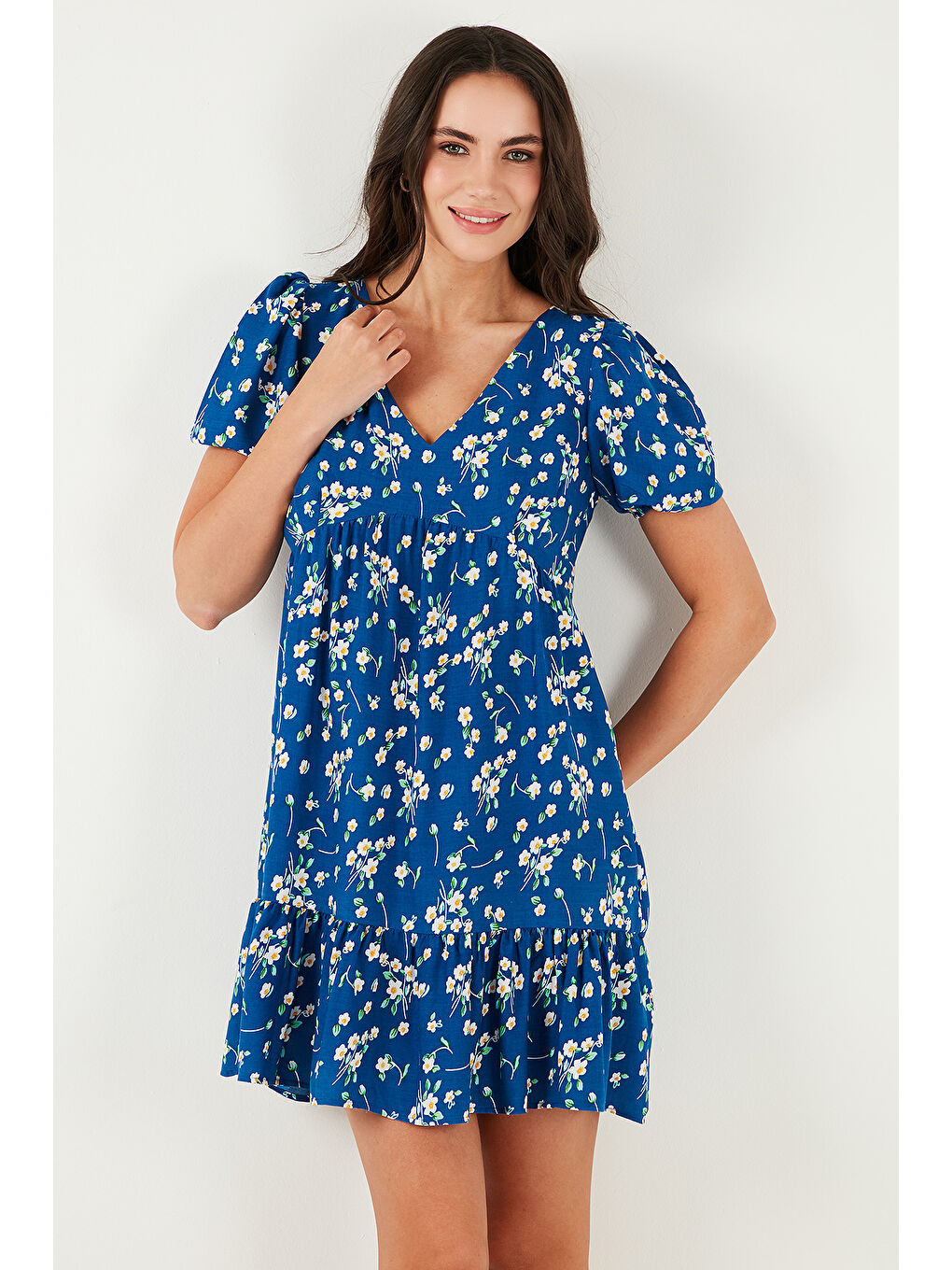 Mavi Regular Fit V Yaka Balon Kol Desenli Mini Kadın Elbise 67810045-4