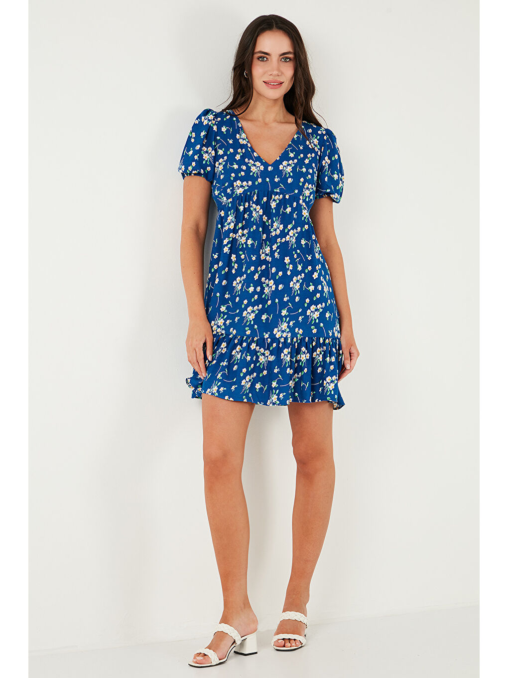 Mavi Regular Fit V Yaka Balon Kol Desenli Mini Kadın Elbise 67810045-5