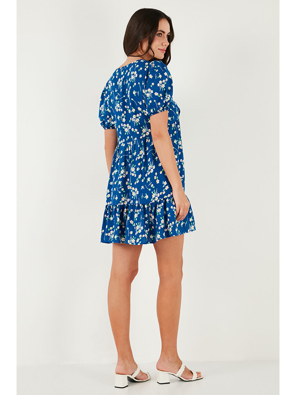 Mavi Regular Fit V Yaka Balon Kol Desenli Mini Kadın Elbise 67810045-6