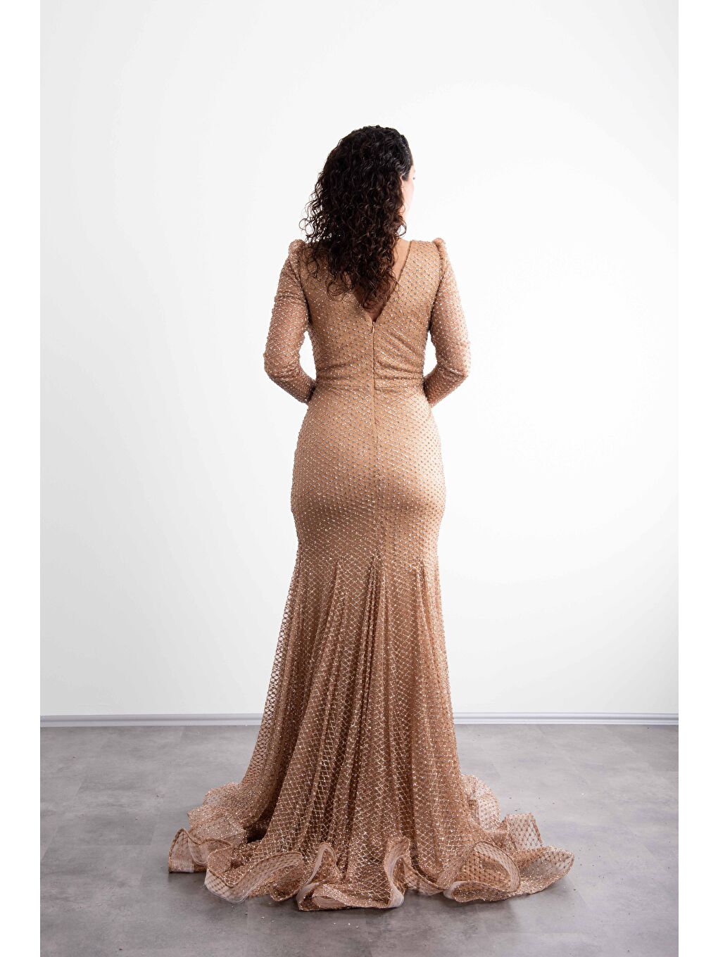 Sarı Transparan Kollu,V Yaka,Taş Baskılı, Balık Model, Kuyruklu ,Şık Abiye-2