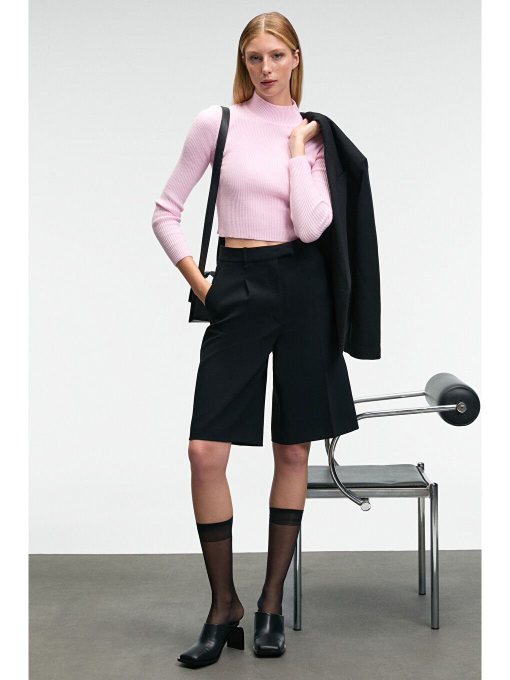 Calıda Kadın Dik Yaka Fitilli Görünümlü Slim Fit Triko Pembe Kazak-1