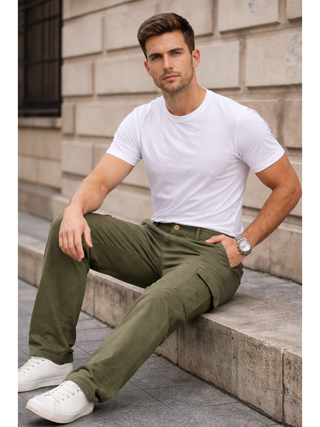 Erkek Kargo Cepli Pamuklu Haki Baggy Pantolon-4