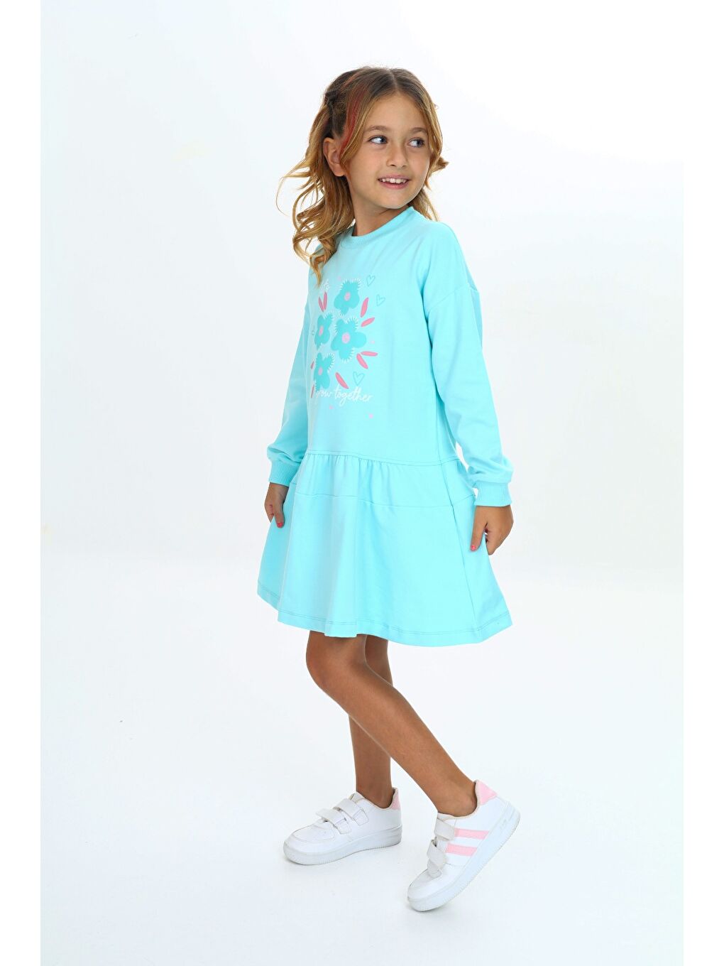 Turkuaz Kız Çocuk Baskılı Elbise-1