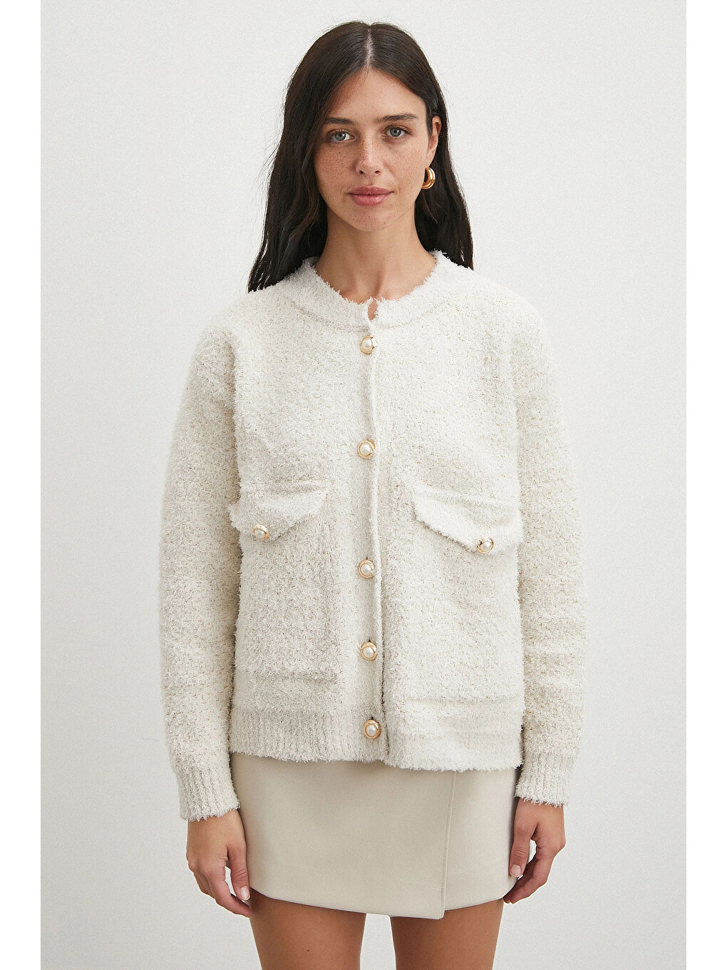 Cepli Düğmeli Simli Hırka Ekru-4