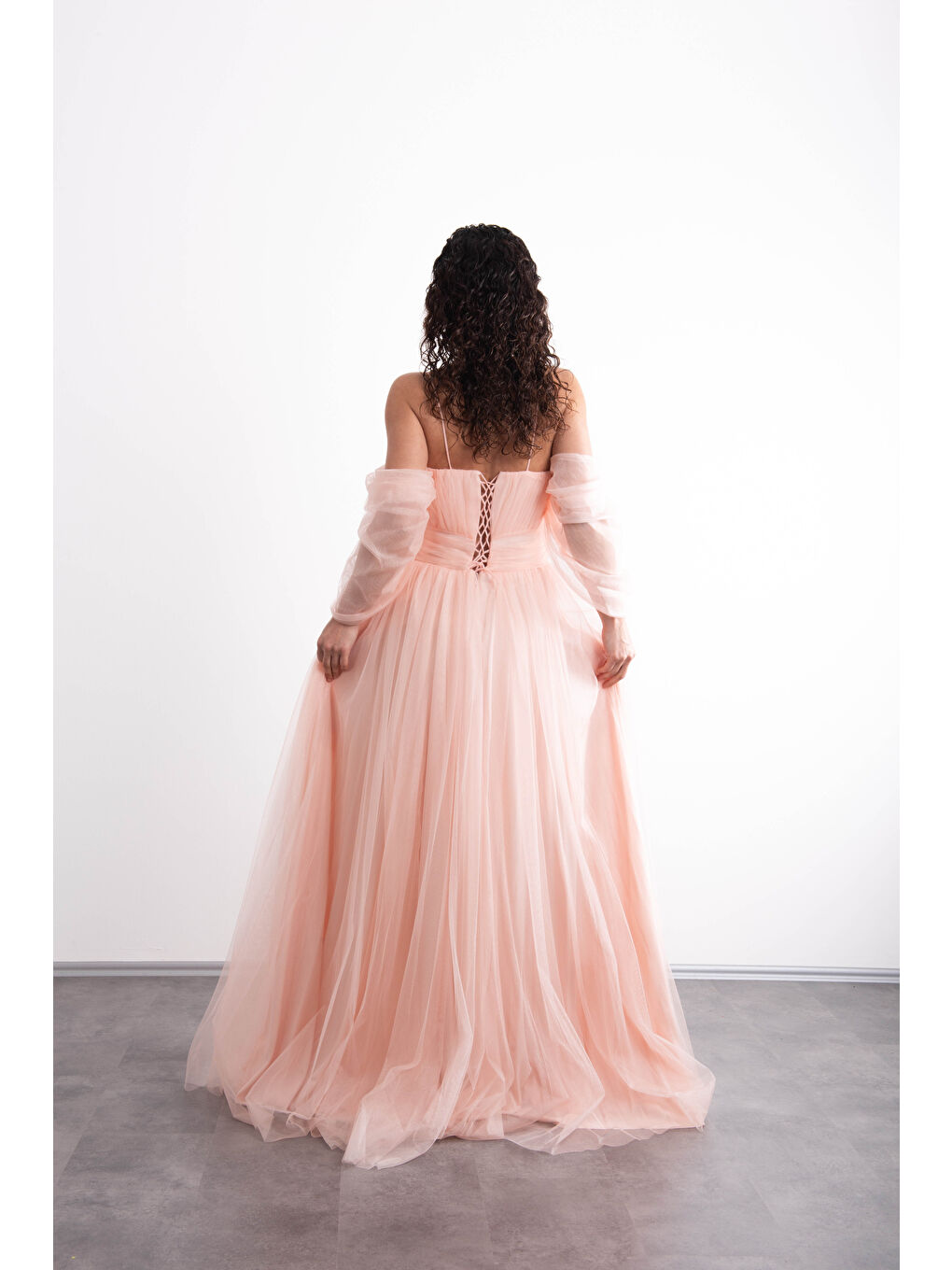 Pembe Spagetti Askılı,Romantik ,Önü Yırtmaçlı,Tüllü, Prenses Model Abiye-1