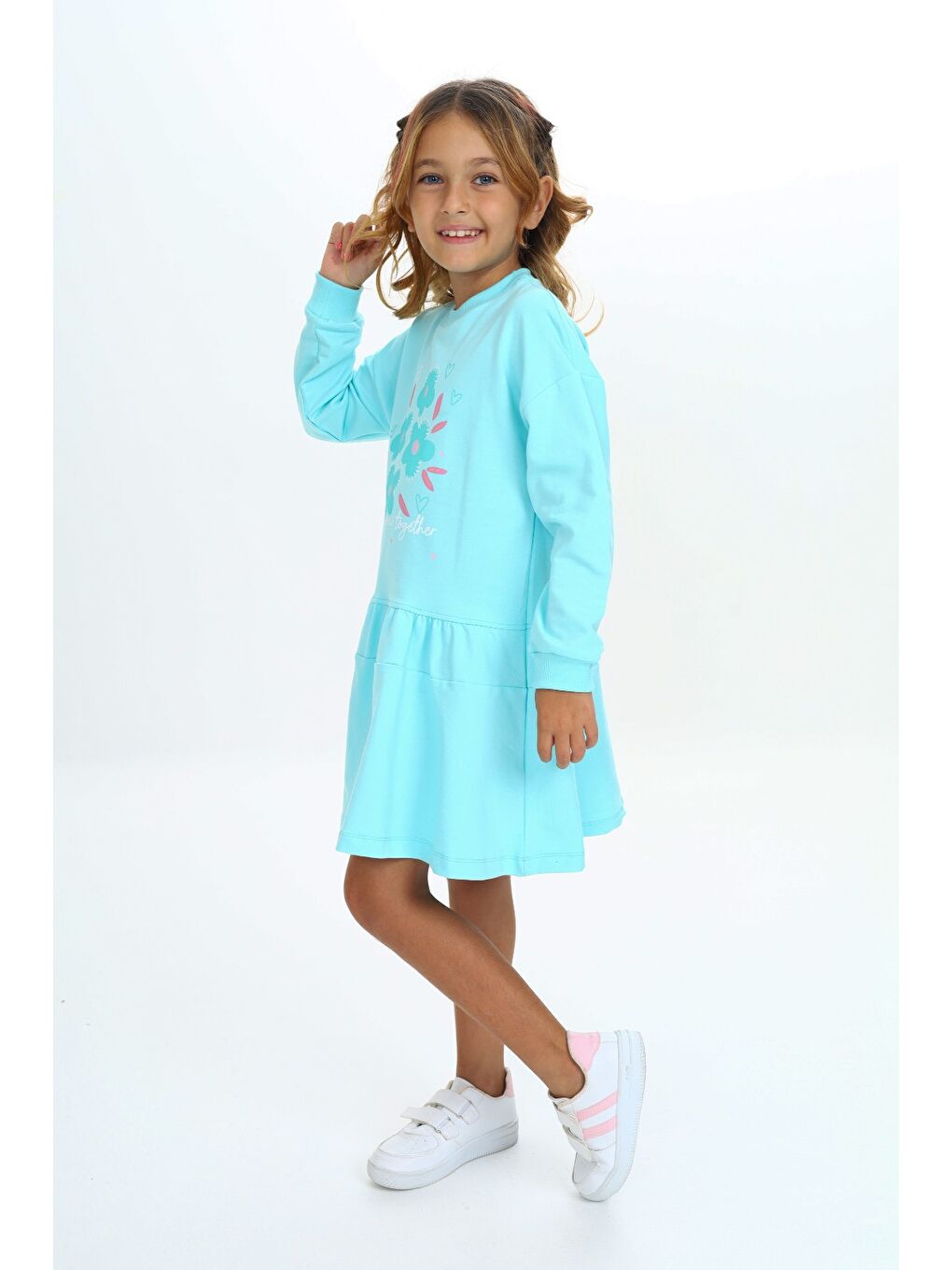 Turkuaz Kız Çocuk Baskılı Elbise-3
