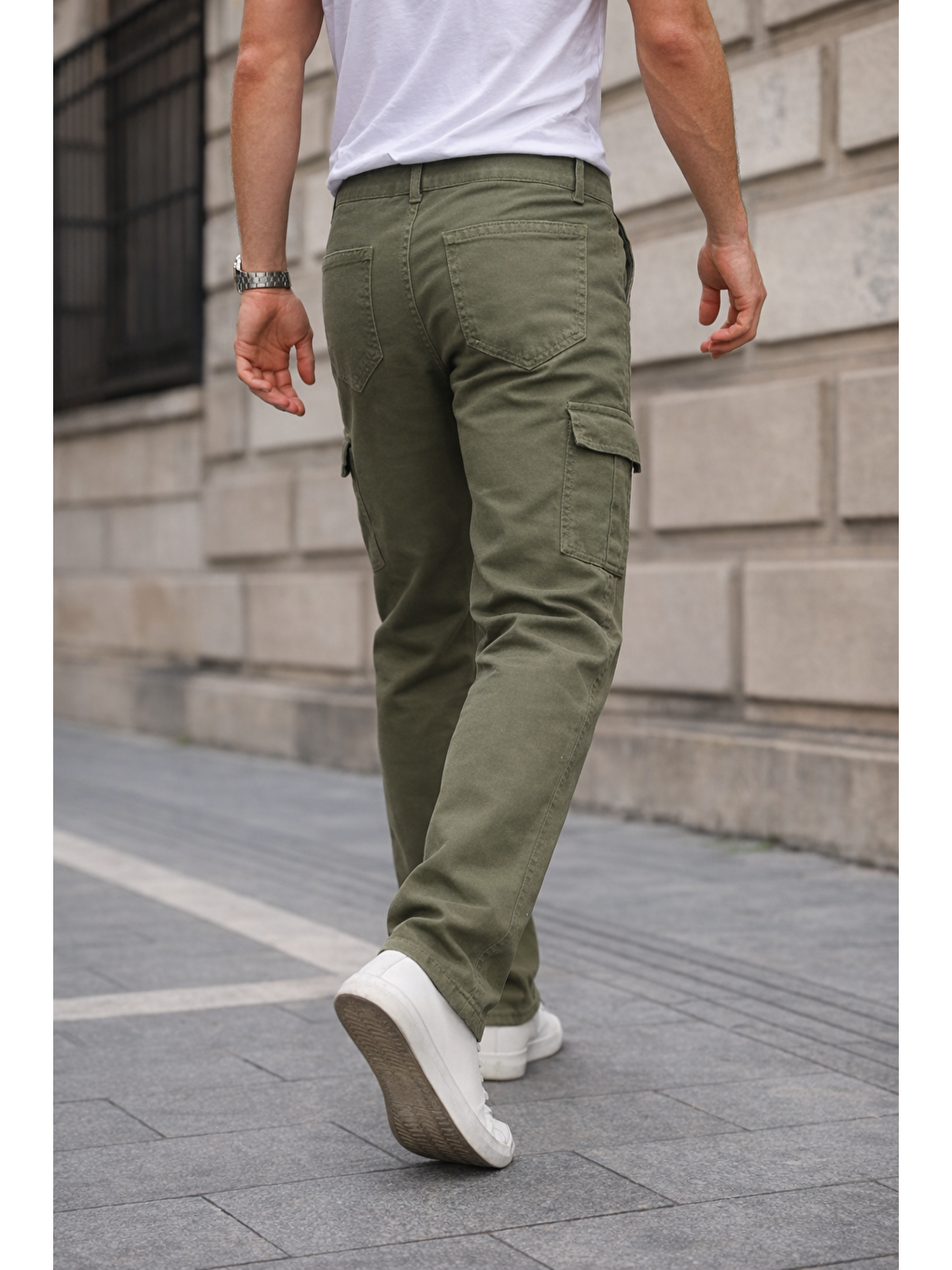 Erkek Kargo Cepli Pamuklu Haki Baggy Pantolon-5