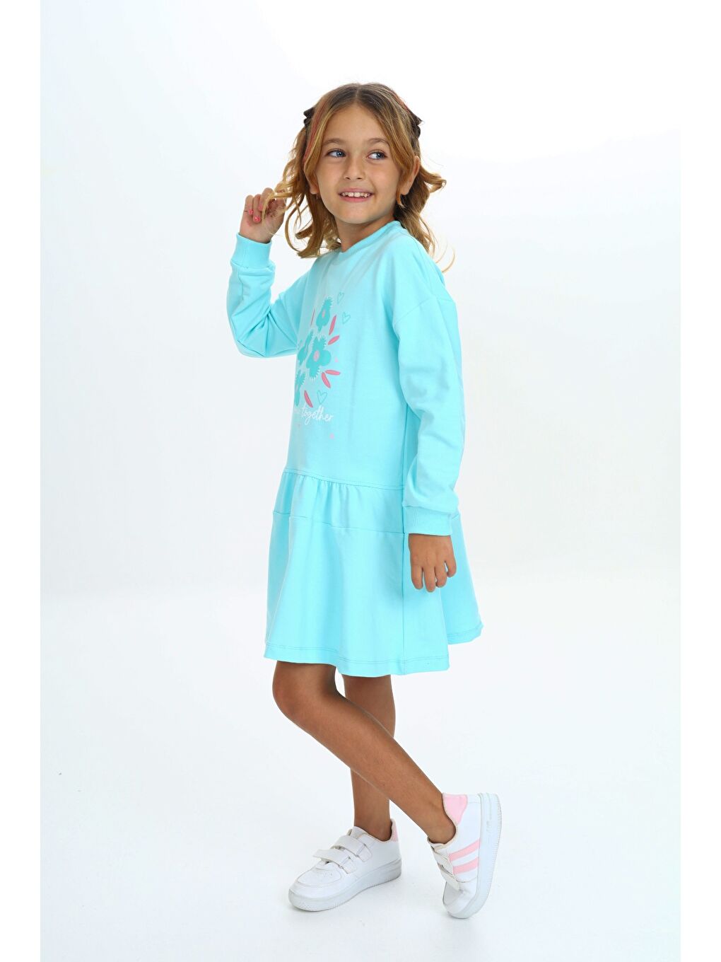 Turkuaz Kız Çocuk Baskılı Elbise-4