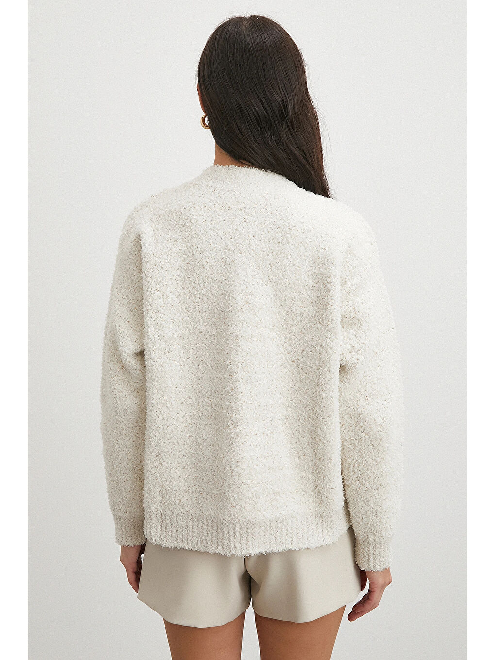 Cepli Düğmeli Simli Hırka Ekru-5