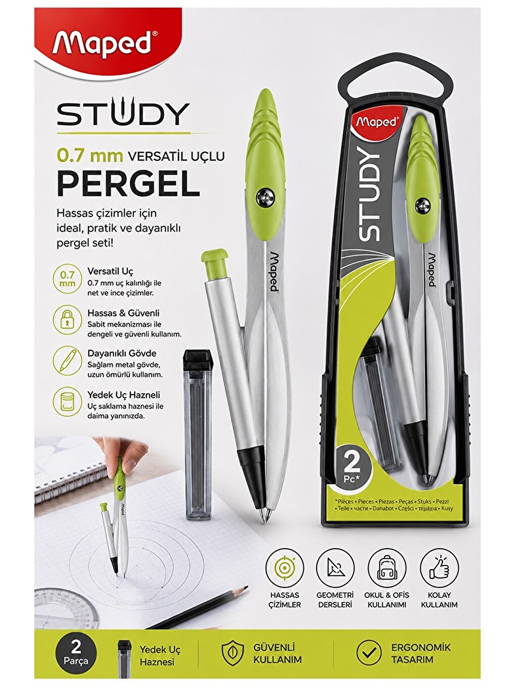 0.7 Uçlu Metal Pergel 1 Adet 119430 Kutulu Metal Pergel Versatil Uçlu Mekanik Kalem Basmalı Uç
