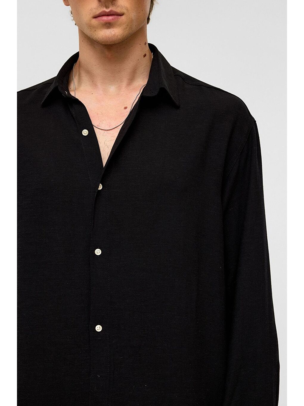 Oversize Uzun Kollu Keten Gömlek Siyah-2