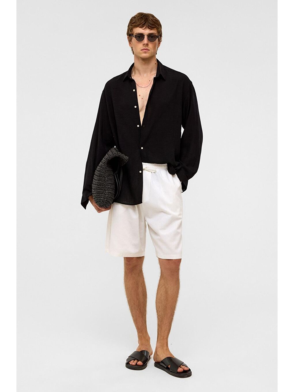 Oversize Uzun Kollu Keten Gömlek Siyah-5