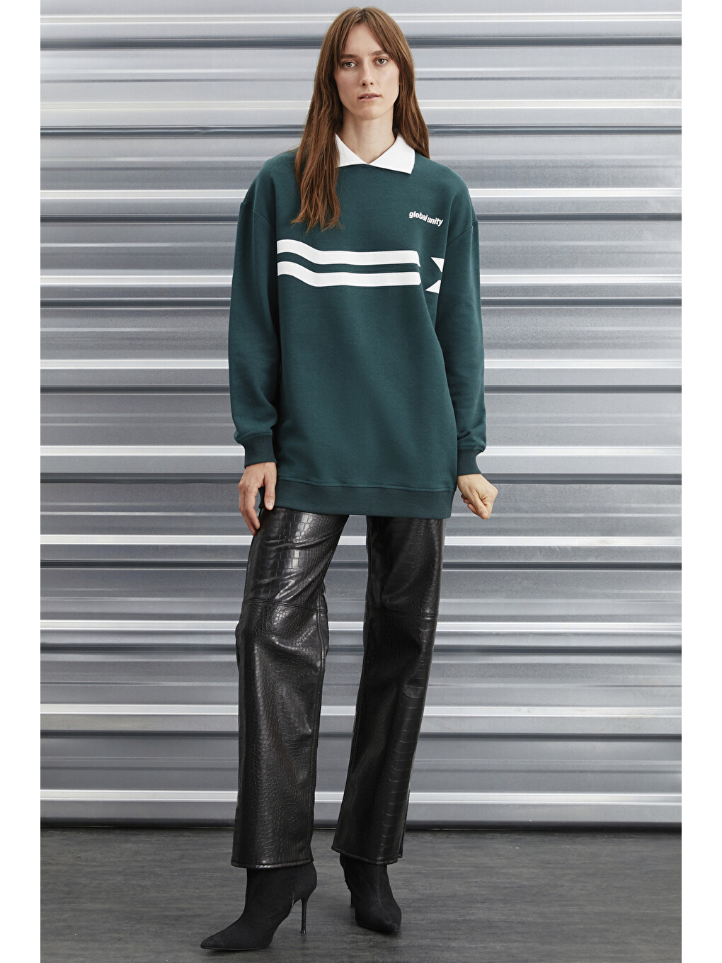 Arlene Kadın Içi Polarsız Polo Yaka Parça Baskı Detaylı Yeşil Sweatshirt-3