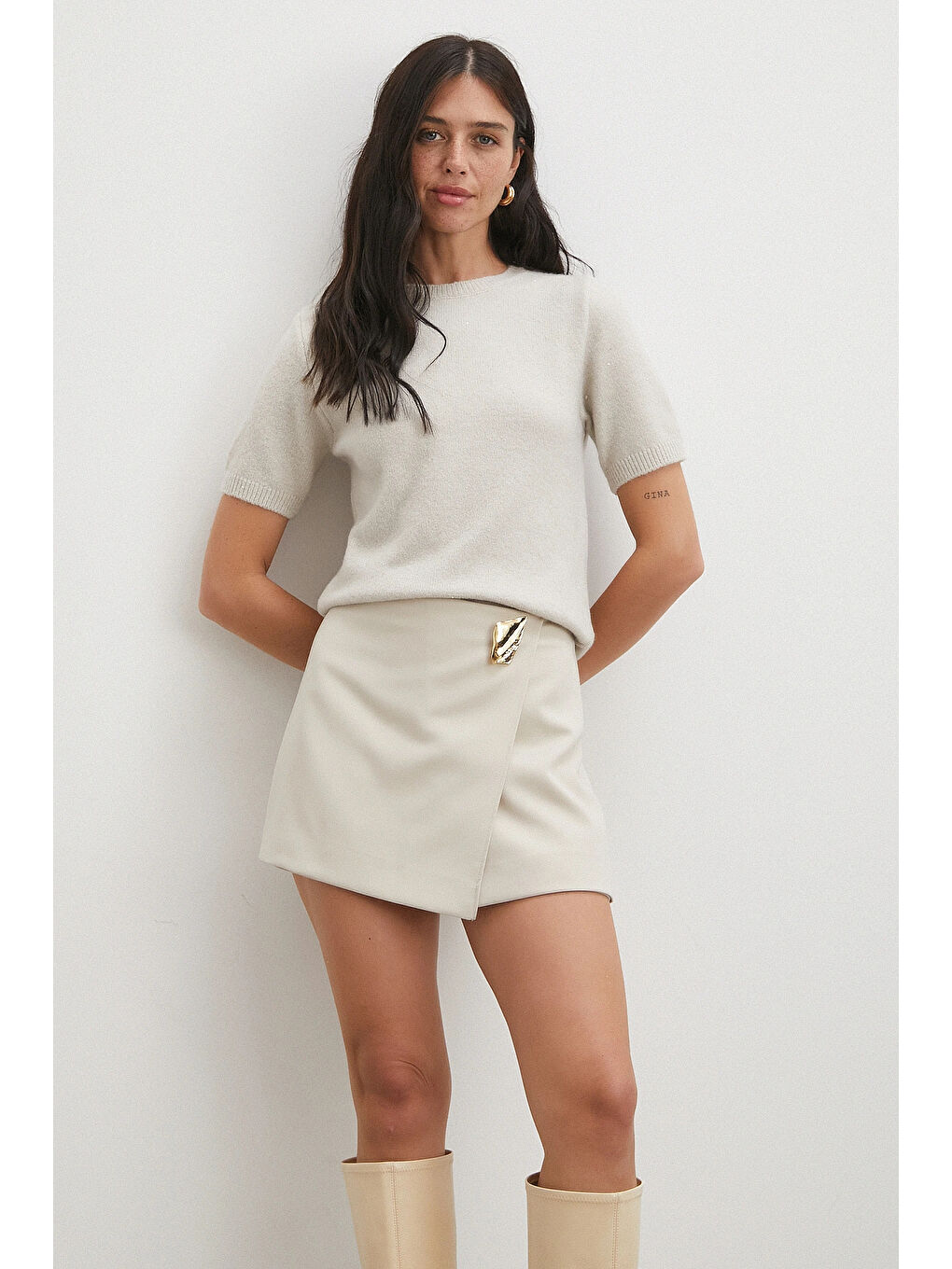 Simli Kısa Kol Kazak Bej-2