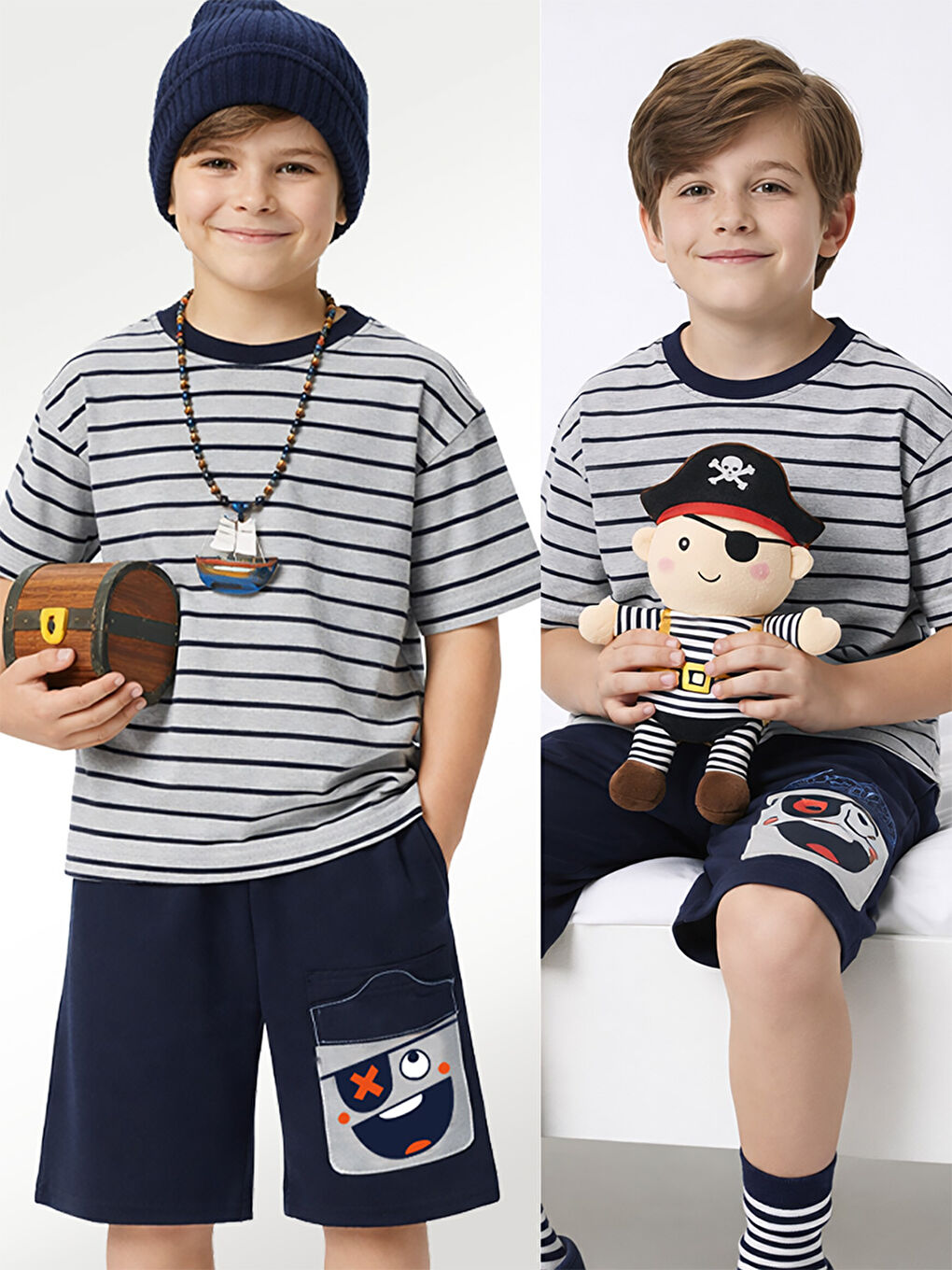 Gri Korsan Erkek Çocuk Çizgili T-shirt Şort Takım