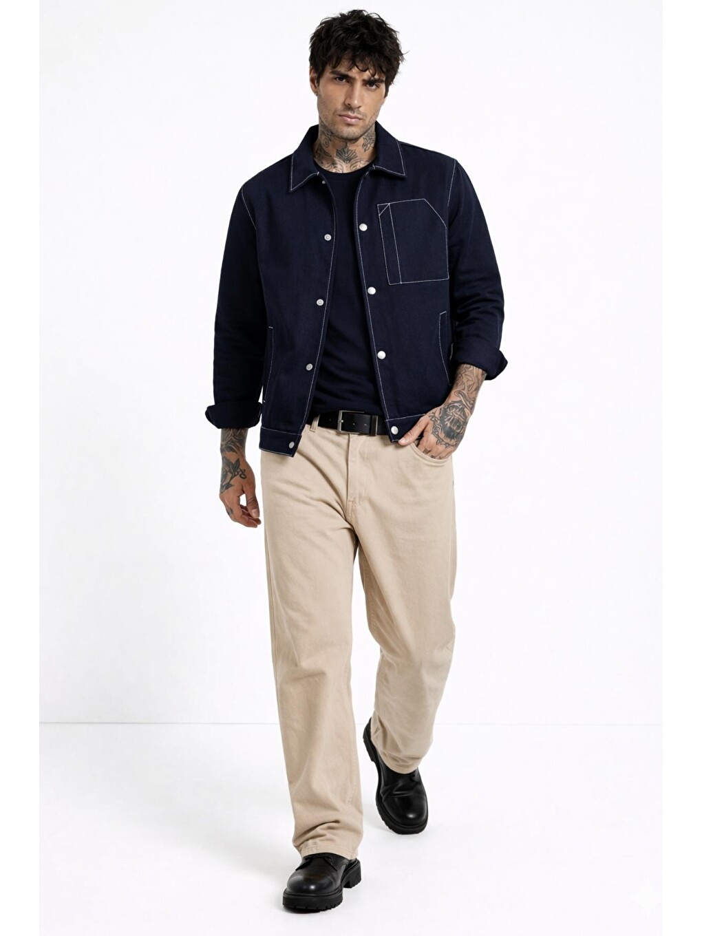 Lacivert Erkek Dikiş Detaylı Oversize Gabardin Mevsimlik Ceket & Mont-1