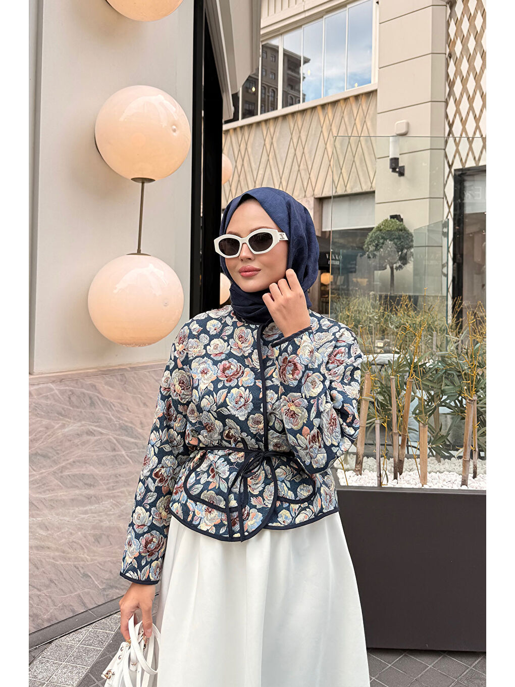 Kadın Gül Desen Ceket Mavi-1