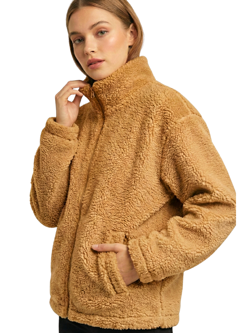 Bej Kadın Pelüş Tam Fermuarlı Cepli Sherpa Kuzu Kumaş Oversize Pelüş Polar Sweatshirt