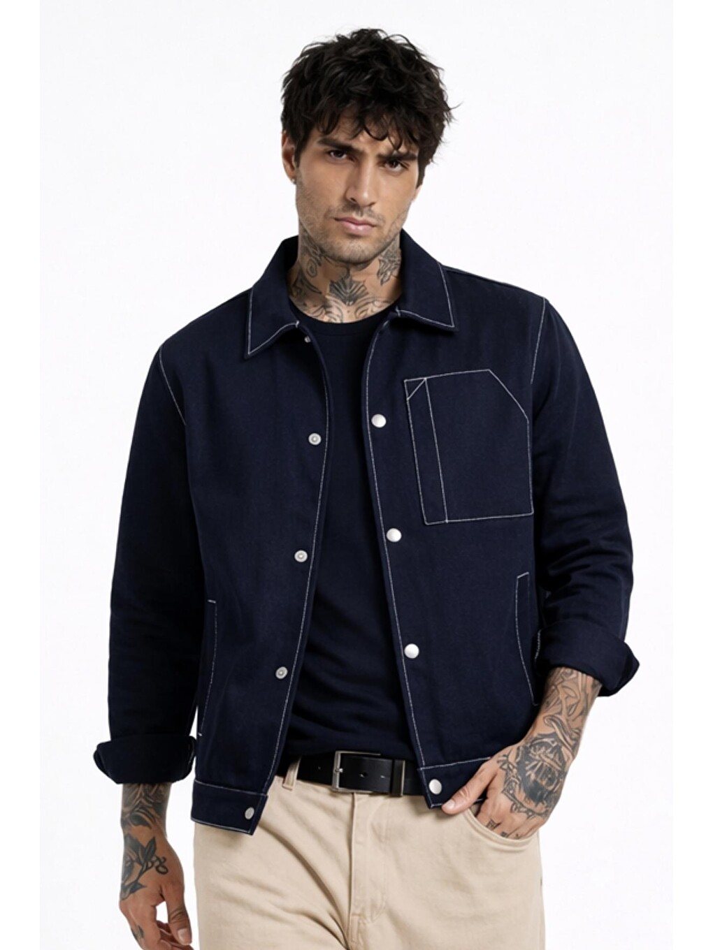 Lacivert Erkek Dikiş Detaylı Oversize Gabardin Mevsimlik Ceket & Mont-2