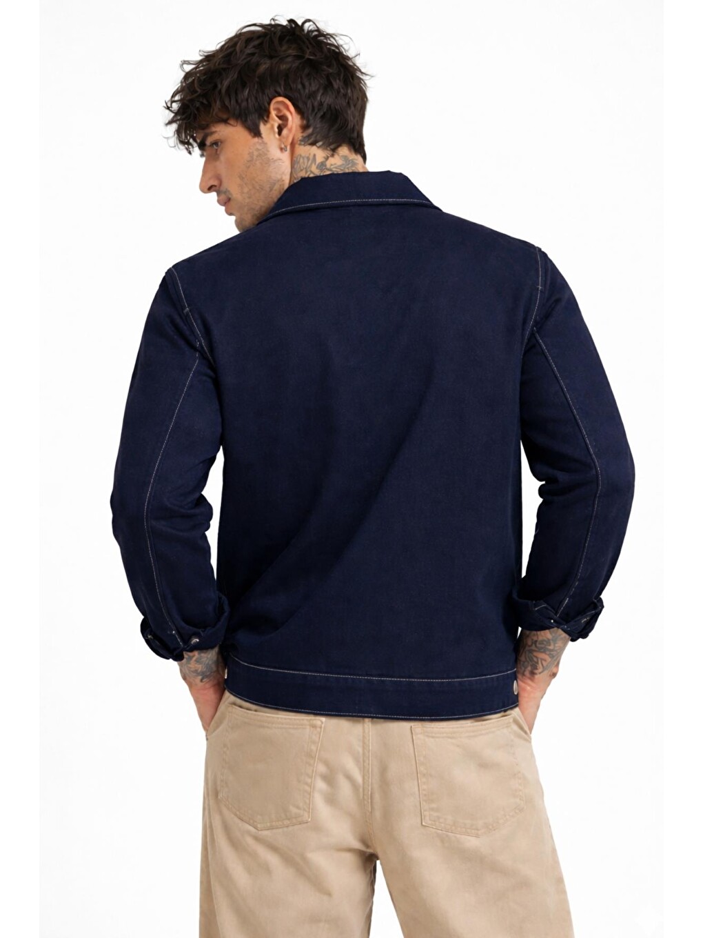 Lacivert Erkek Dikiş Detaylı Oversize Gabardin Mevsimlik Ceket & Mont-3