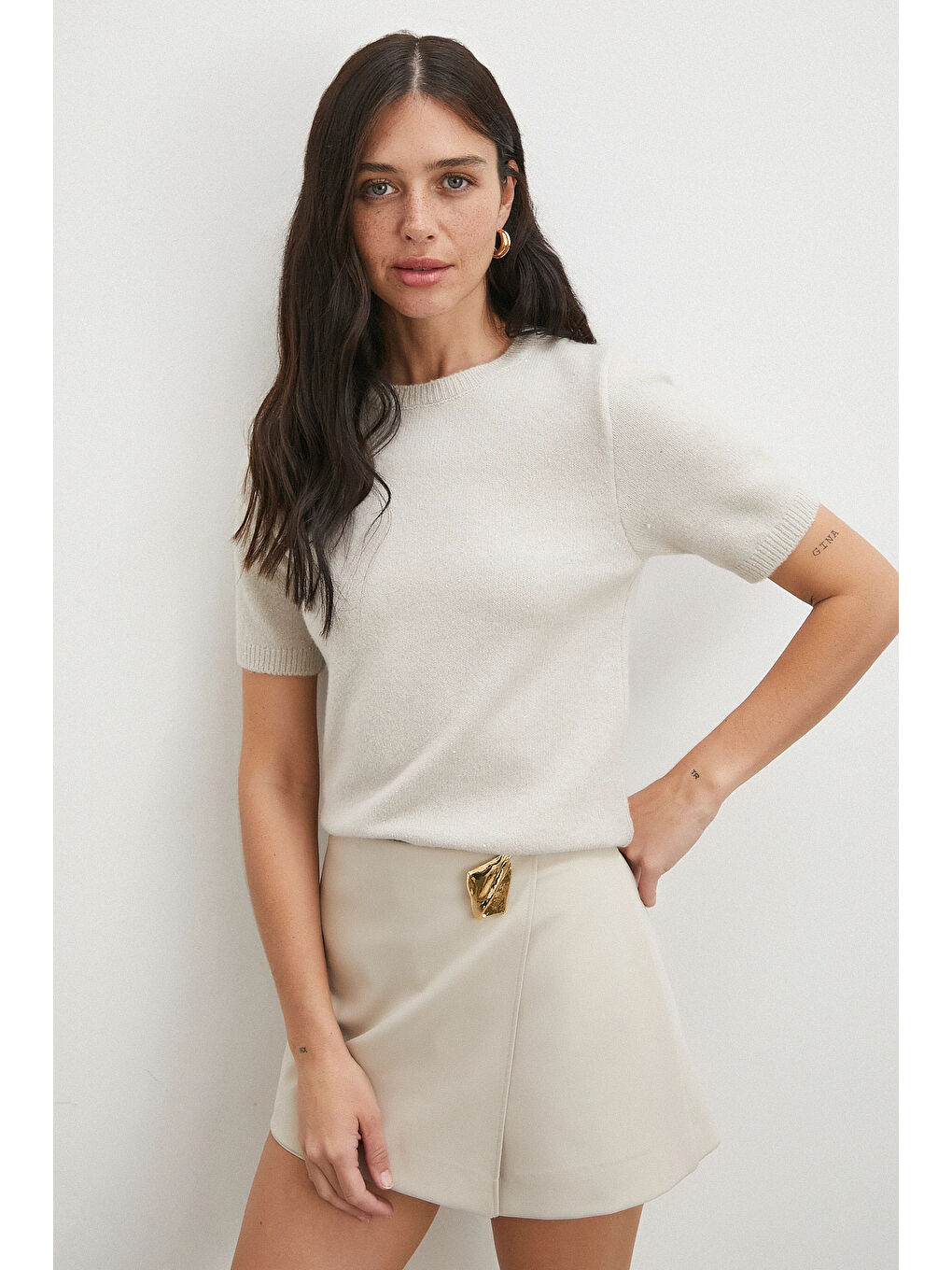 Simli Kısa Kol Kazak Bej-3