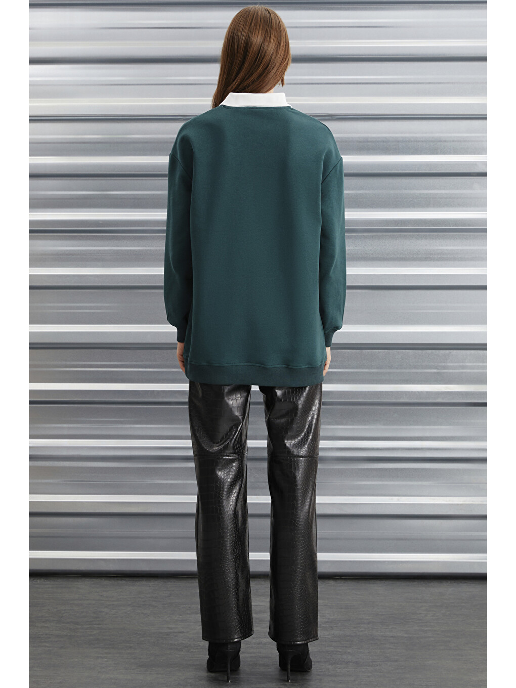 Arlene Kadın Içi Polarsız Polo Yaka Parça Baskı Detaylı Yeşil Sweatshirt-4